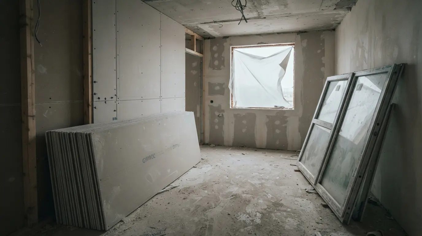 Демонтаж гипсокартонных перегородок на металлокаркасе — гипсокартон, штабелированный, комната