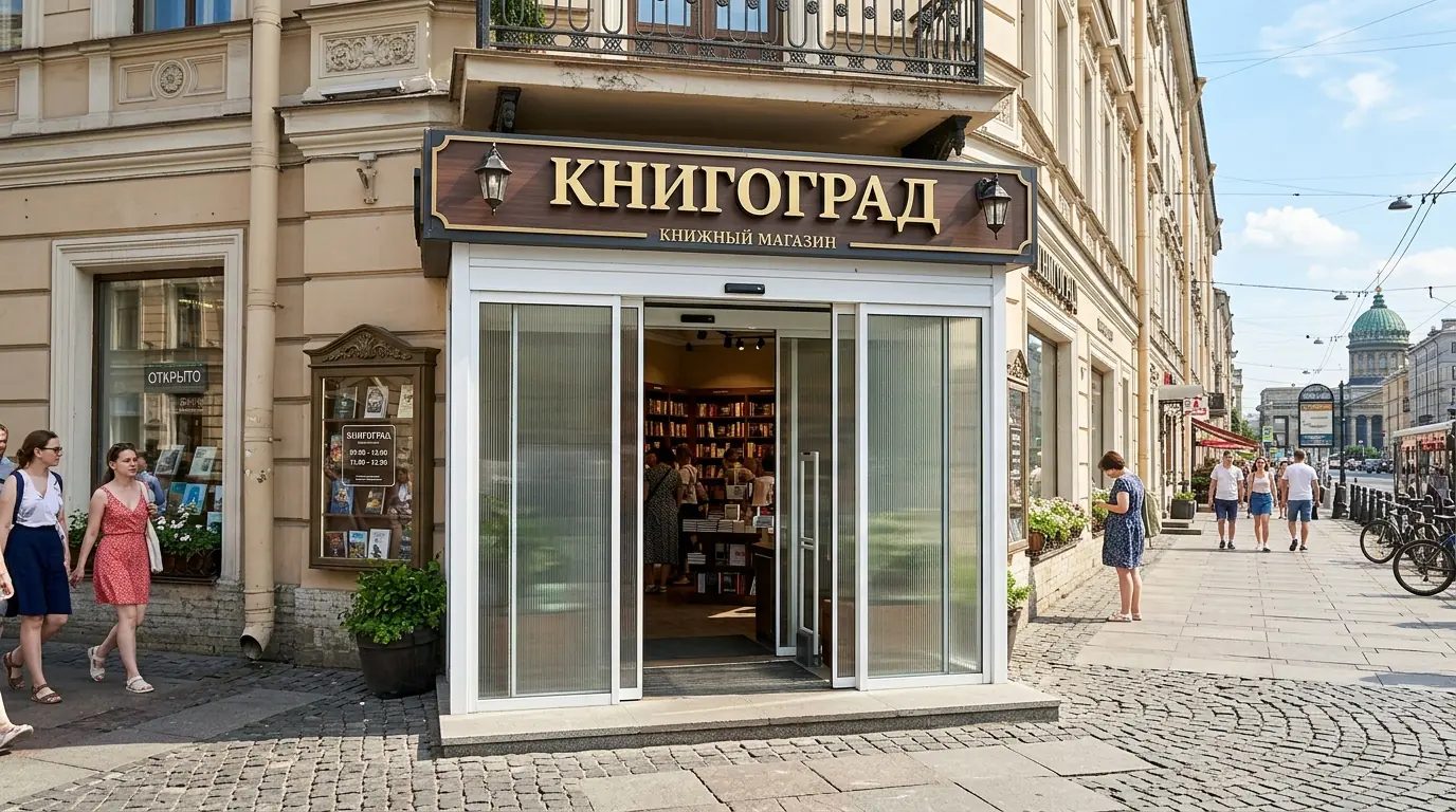 Автоматические раздвижные двери с системой контроля доступа — книжный, магазин, вход, вид