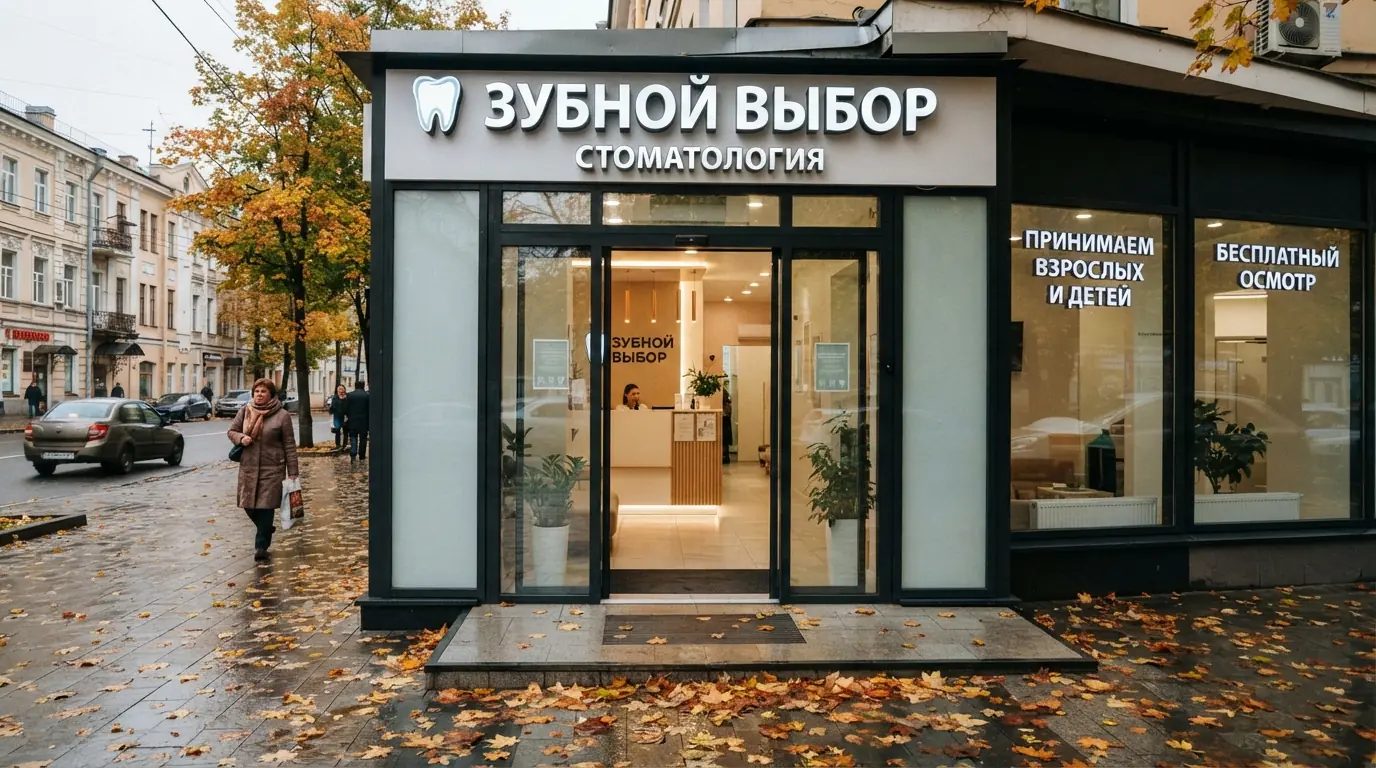 Автоматические раздвижные двери с системой контроля доступа — стоматология, клиника, вход, осень