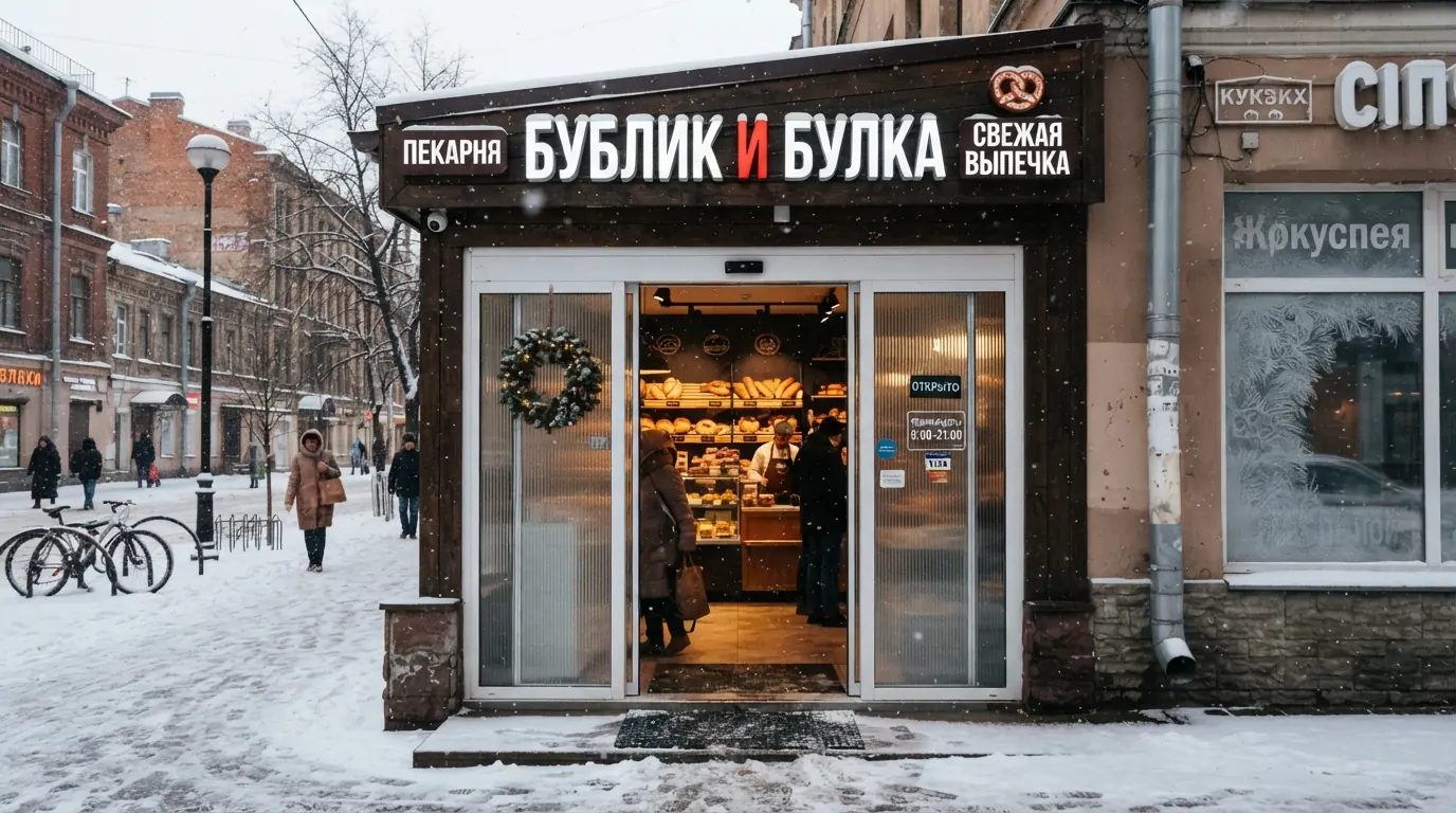 Автоматические раздвижные двери с системой контроля доступа — пекарня, вход, зимний, улица